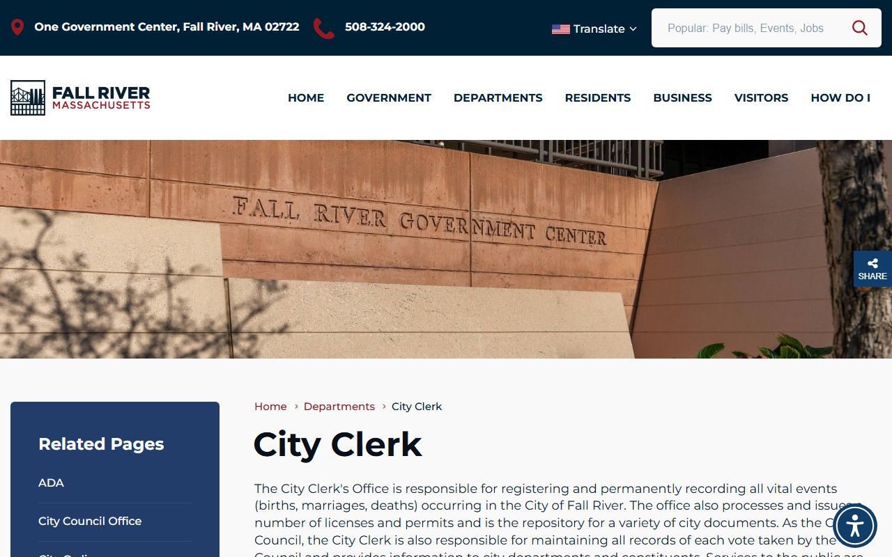 Fall River City Clerk office page for Fall River death records
