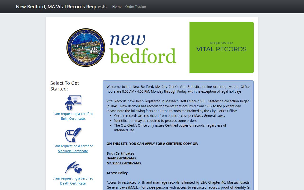New Bedford City Clerk online ordering portal for New Bedford death records