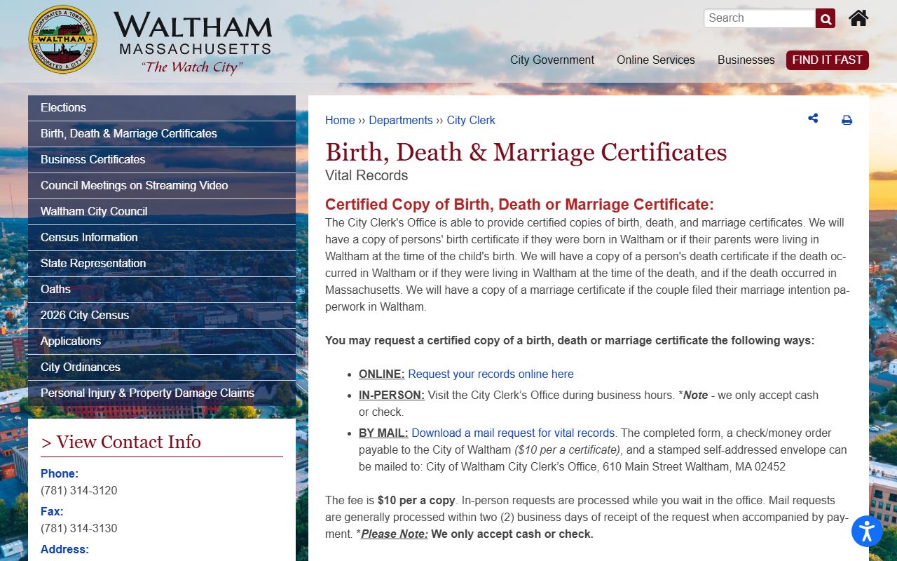 Waltham death records vital records page