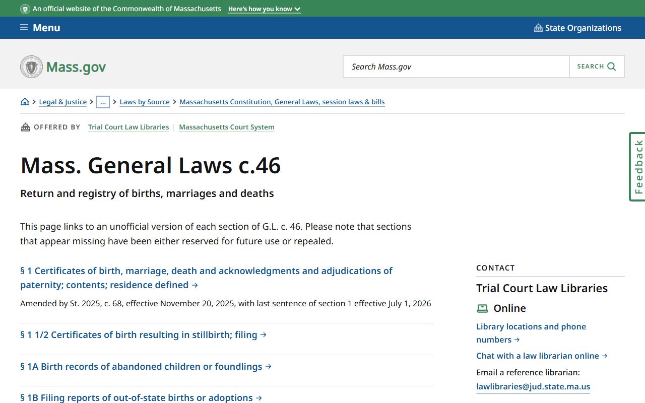 Massachusetts General Laws Chapter 46 vital records list
