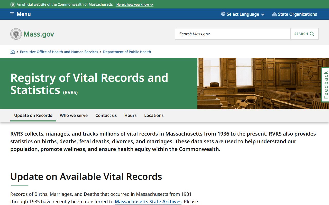 Registry of Vital Records and Statistics Massachusetts death records homepage
